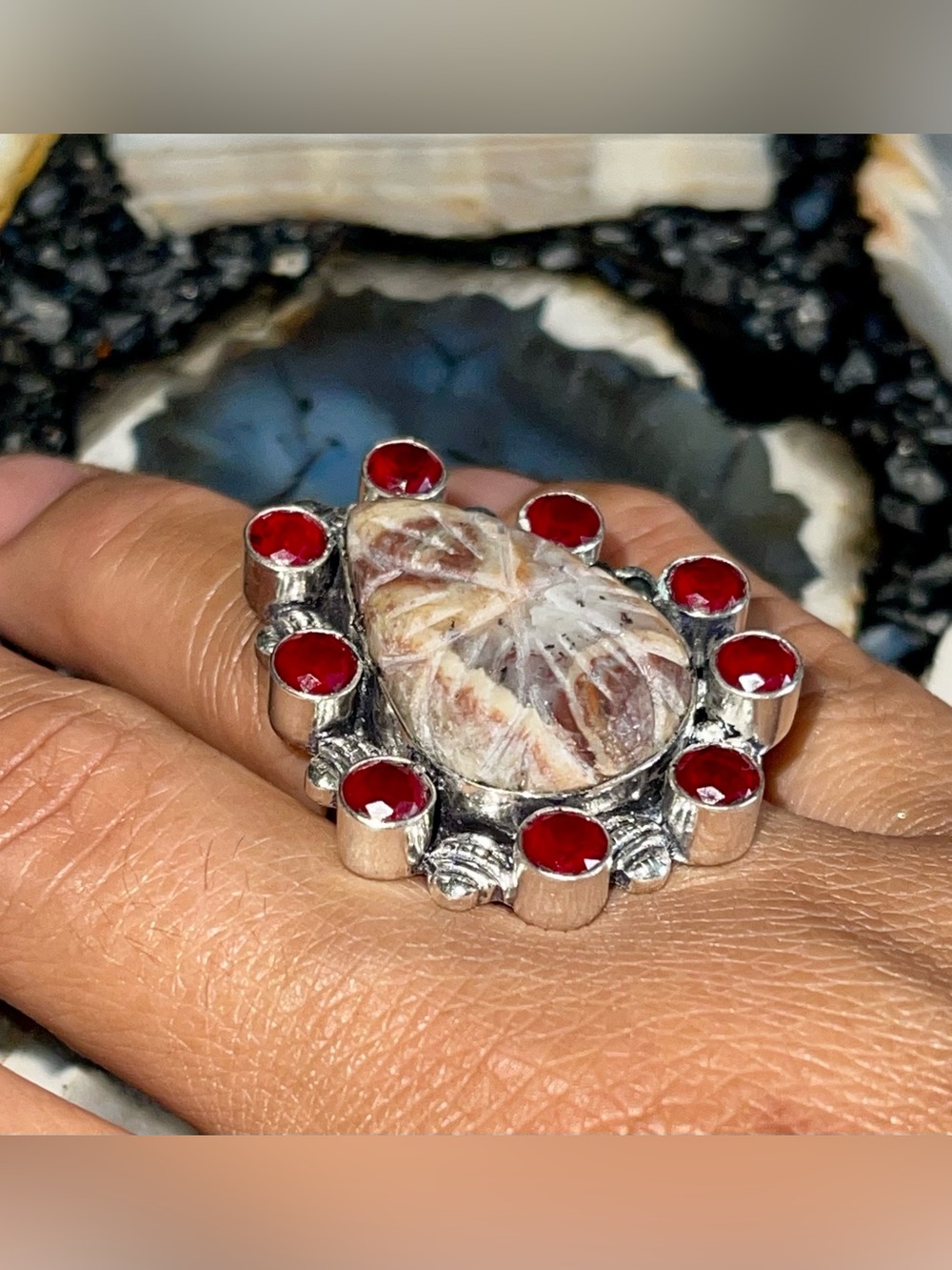Carved Brown Jasper Ring Size 8 1/4 - Picture 5 of 12